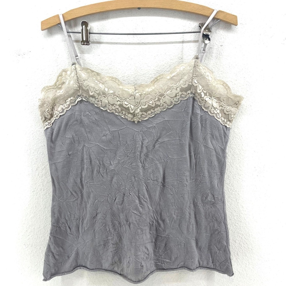 Y2K Babydoll Camisole S Grey Lace Trim‎ Cami Tank Top Bratz Crinkle